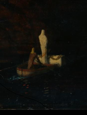 Arnold Böcklin (1827-1901), L’Île des morts (deuxième version ; détail de la barque). 1880, peinture (huile sur bois), 73,7 × 121,9 cm. États-Unis d’Amérique, New York, The Metropolitan Museum of Art (Reisinger Fund, 1926 [26.90])