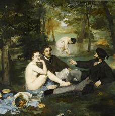 Le Déjeuner sur l’herbe, 3 hommes et deux femmes piquent-nique dans une forêt