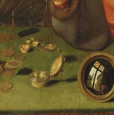 Quentin Metsys (1466-1530), Le Prêteur et sa femme (Le Changeur et sa femme [détail du trébuchet, des pièces et du miroir]). 1514, huile sur bois, 70 × 67 cm. Paris, musée du Louvre (no inv. INV. 1444)
