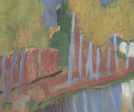 Paul Sérusier (1864-1927), Le Talisman (Paysage au bois d’Amour ; détail des troncs d’arbre). Octobre 1888, peinture (huile sur bois), 27 × 21,5 cm. Paris, musée d’Orsay (RF 1985 13)